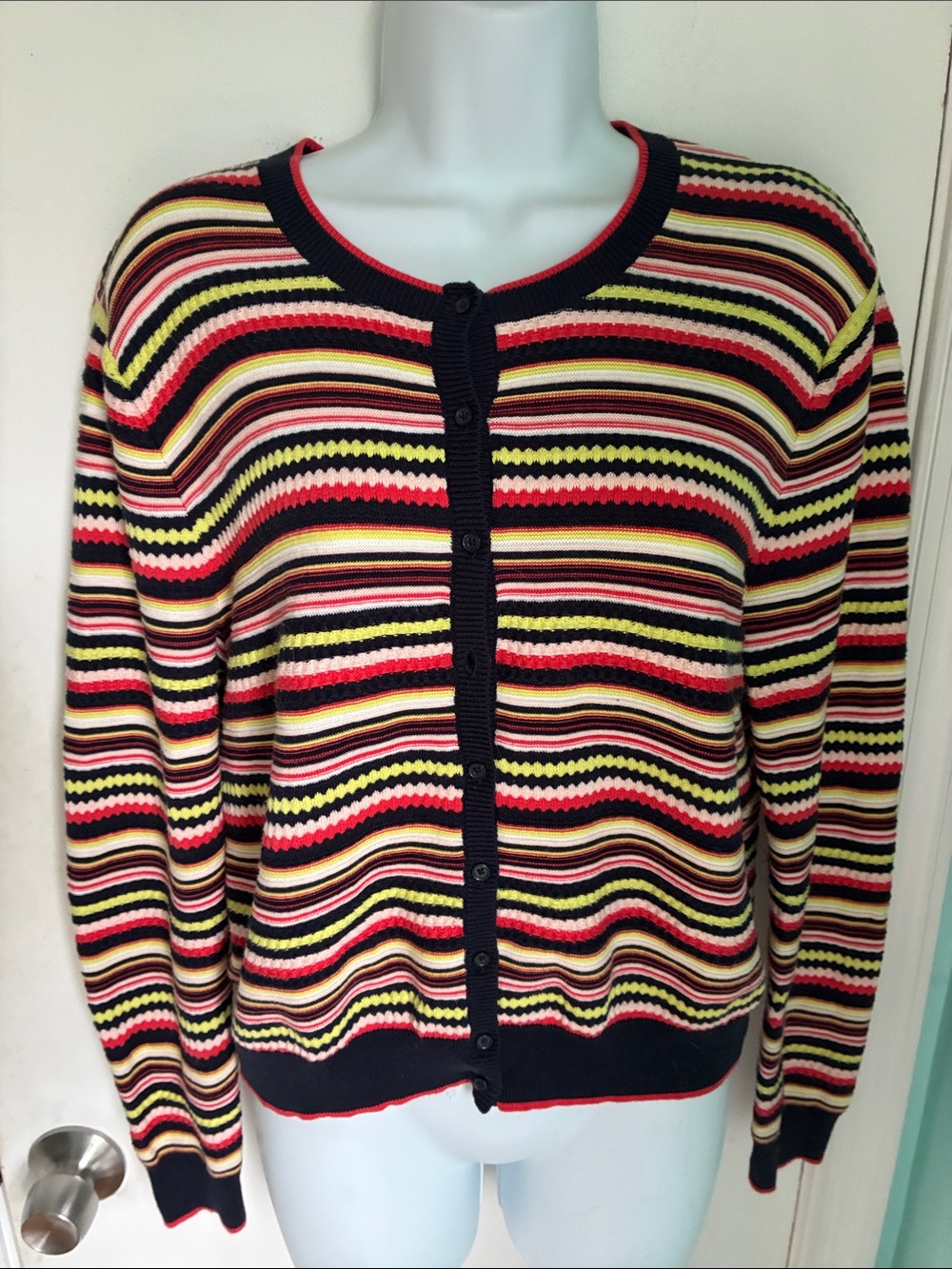 Zara Striped Multicolor Crewneck Button-Front Sweater - Navy Trim
